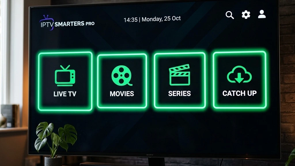 A modern Smart TV displaying the IPTV Smarters Pro user interface showing Live TV, Movies, and Series categorizations.