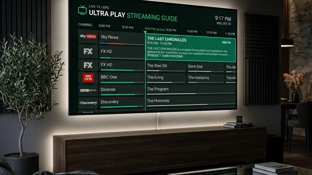 A modern Smart TV in a premium living room displaying the TiviMate live television EPG streaming guide interface.